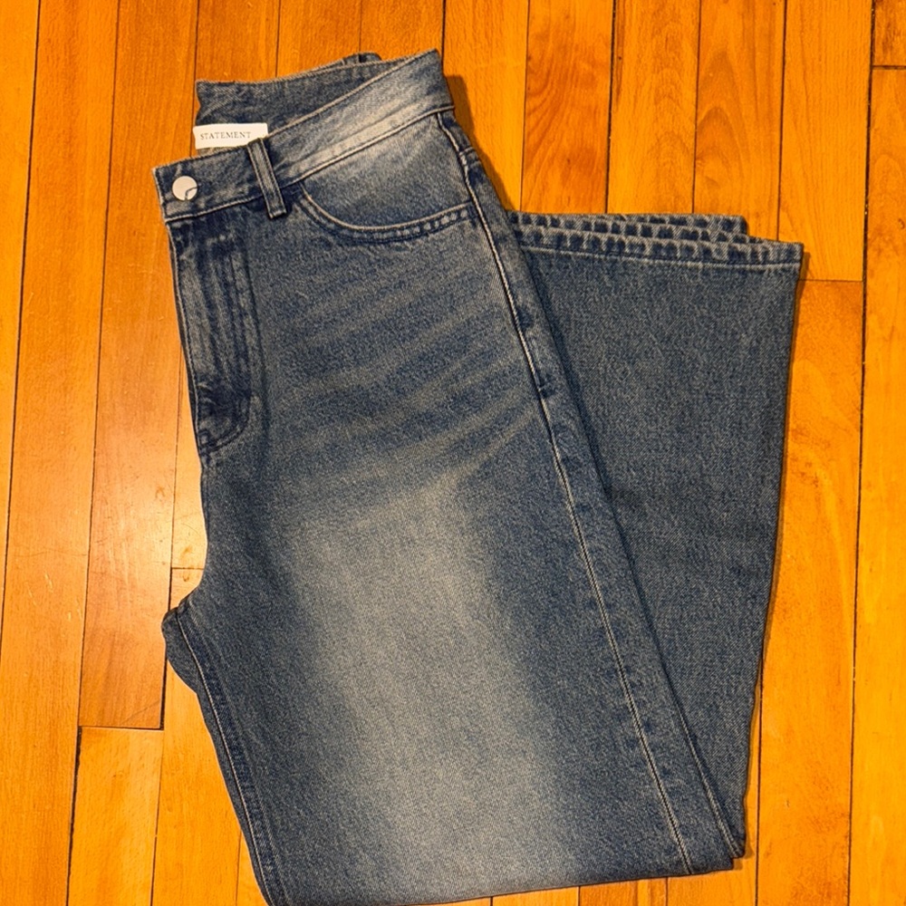 Blue Flare Wide Leg Jeans with Vintage Wash